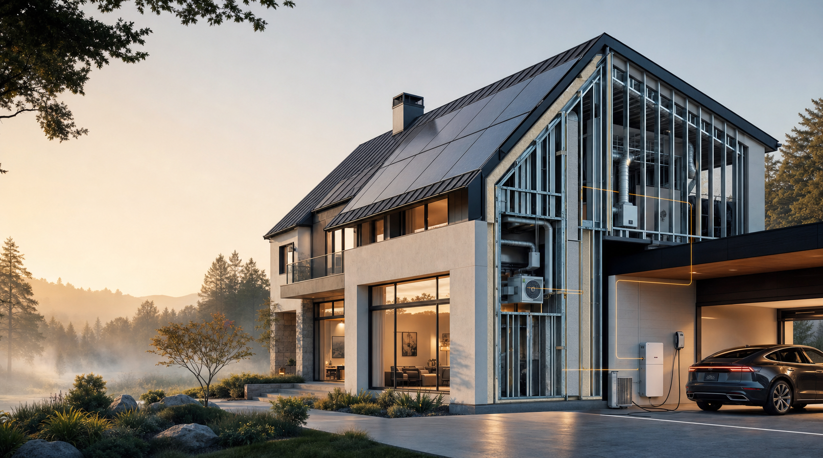 Contemporary steel-frame home with integrated solar panels, heat pump, home battery, ERV ventilation, and EV charging