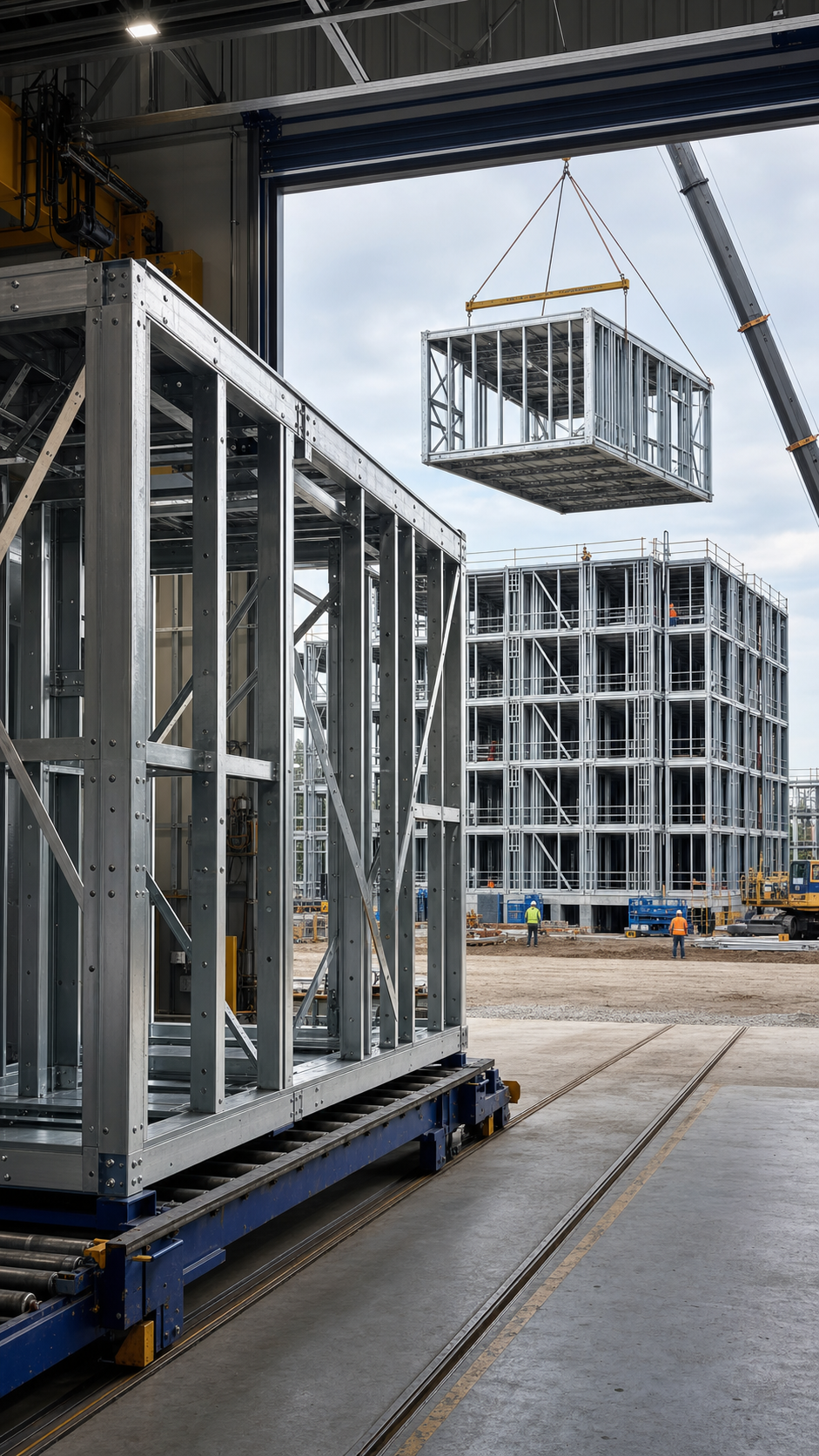 Galvanized structural-steel volumetric modules inside a factory with a partially completed steel frame visible through the factory opening, suggesting the transition from controlled manufacturing to field installation.