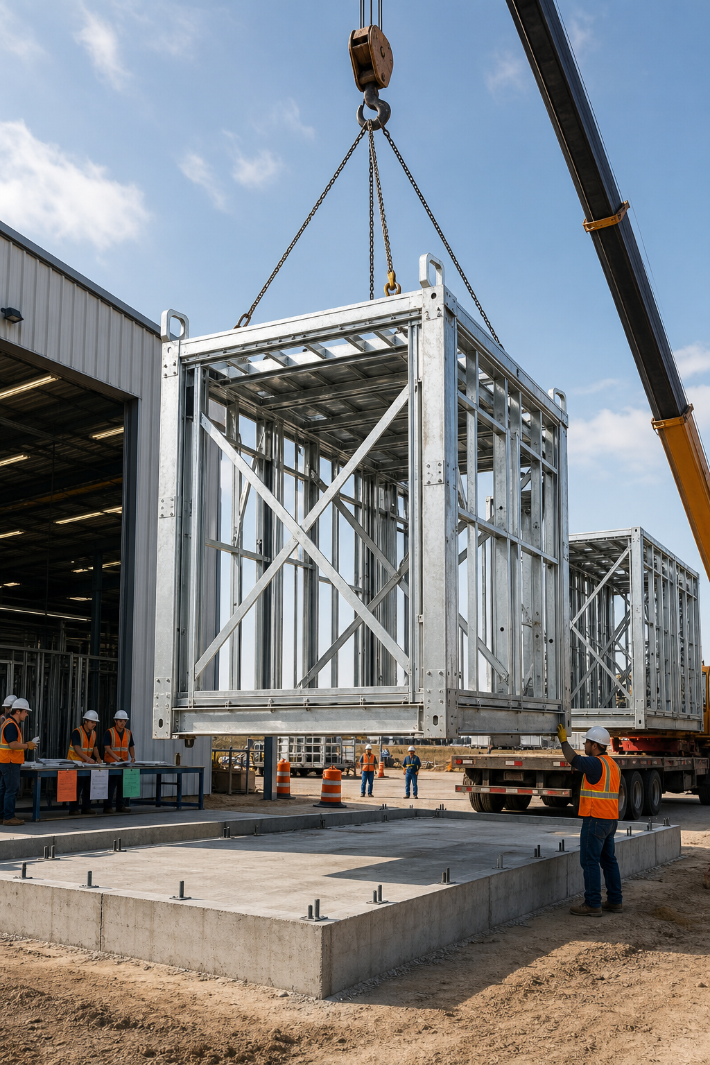 Galvanized-steel modules move through a factory approval checkpoint toward a Texas jobsite where a crane sets a steel module onto a prepared foundation.