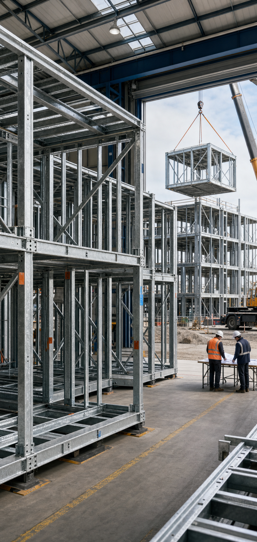 Steel-framed modules inside a high-bay factory, with completed modules staged ahead of a multi-story steel building under set-up at the site, illustrating the factory-to-site financing transition.