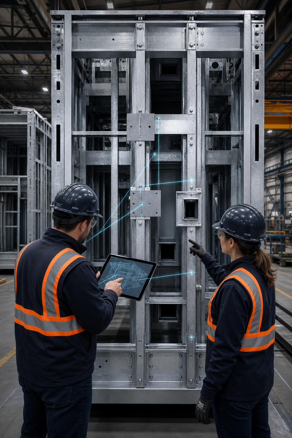 Two technical coordinators inspect a galvanized steel offsite module and its connection interfaces inside a precision fabrication facility.