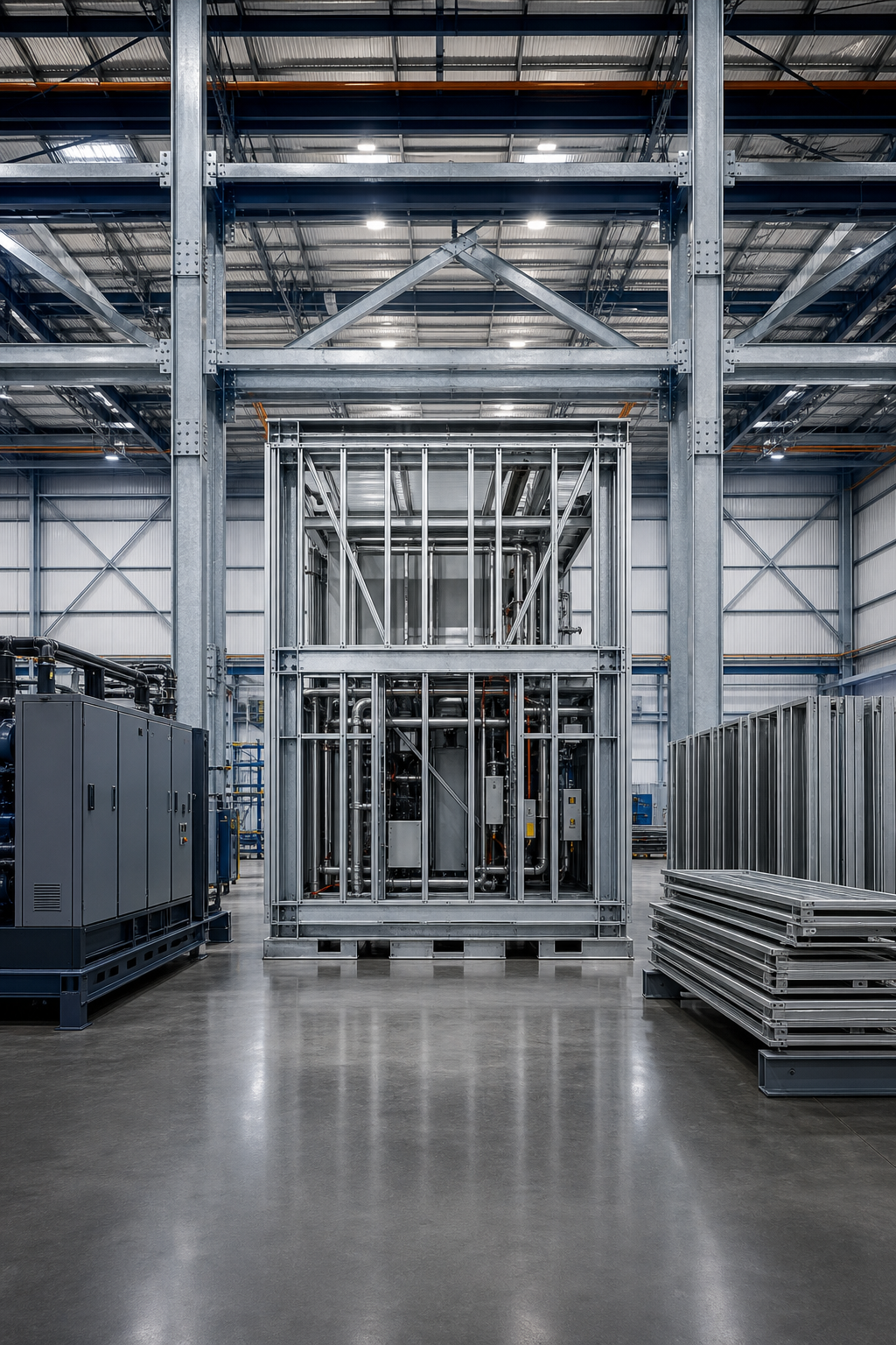 Steel industrial offsite assemblies under fabrication in a clean production facility.