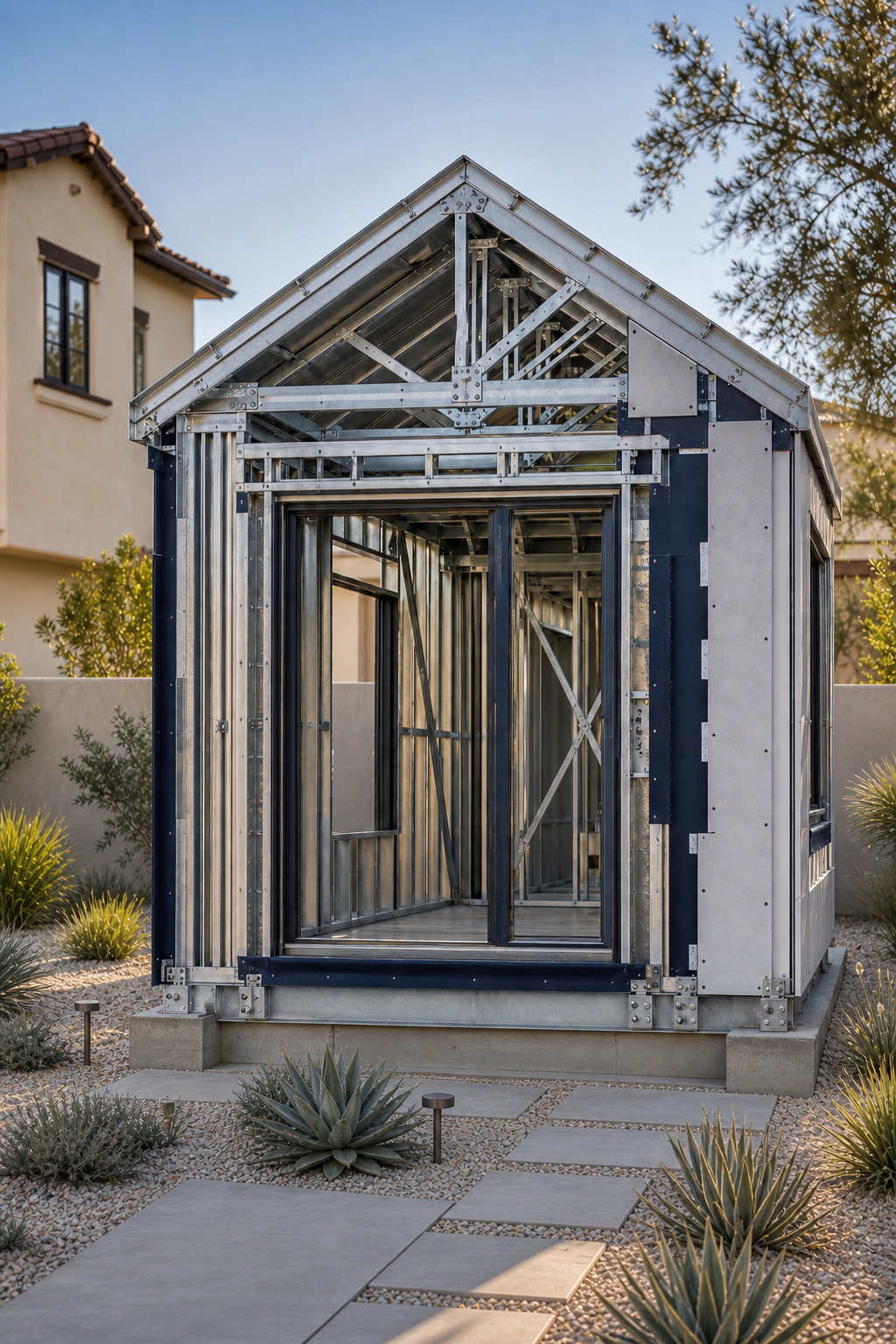 Steel-panelized accessory dwelling unit being installed on a prepared residential foundation in California.