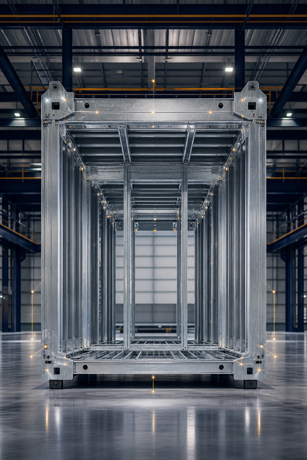 Steel modular assembly in a factory with abstract, non-readable traceability indicators.