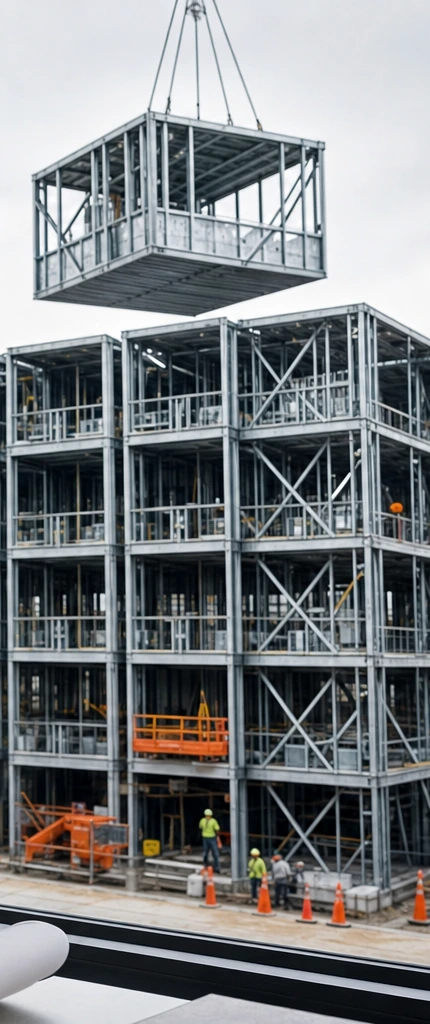 Galvanized-steel volumetric modules are stacked while a crane lifts another steel module into position.