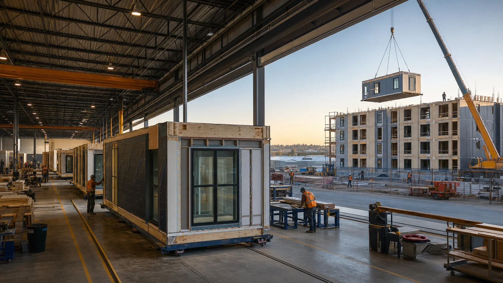 Completed apartment modules move through a large factory while a crane installs similar modules on a mid-rise building outside.