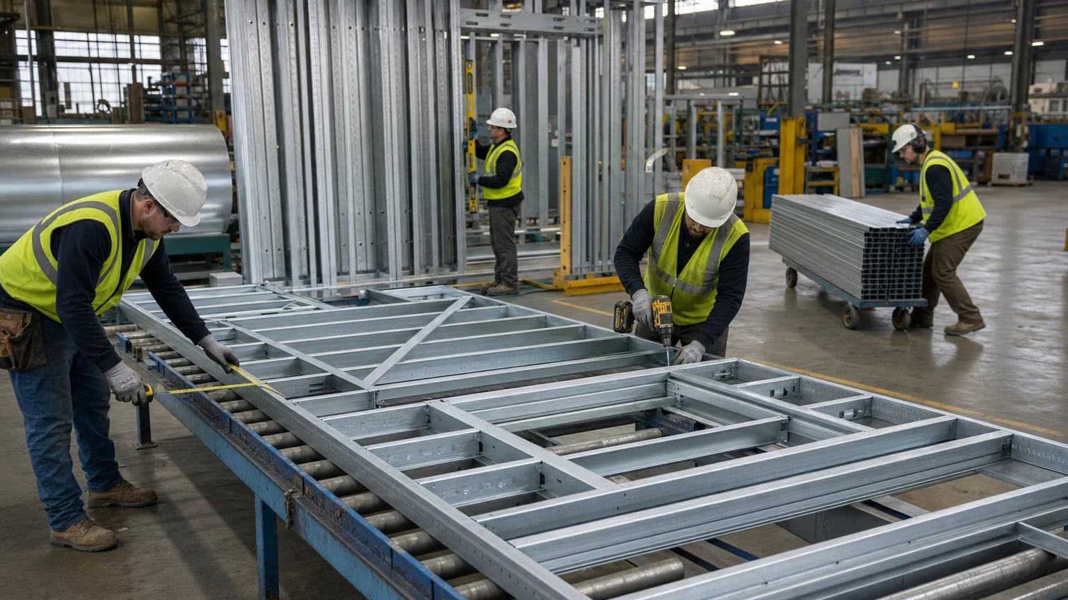 Workers assemble cold-formed galvanized steel wall panels on a factory production line.