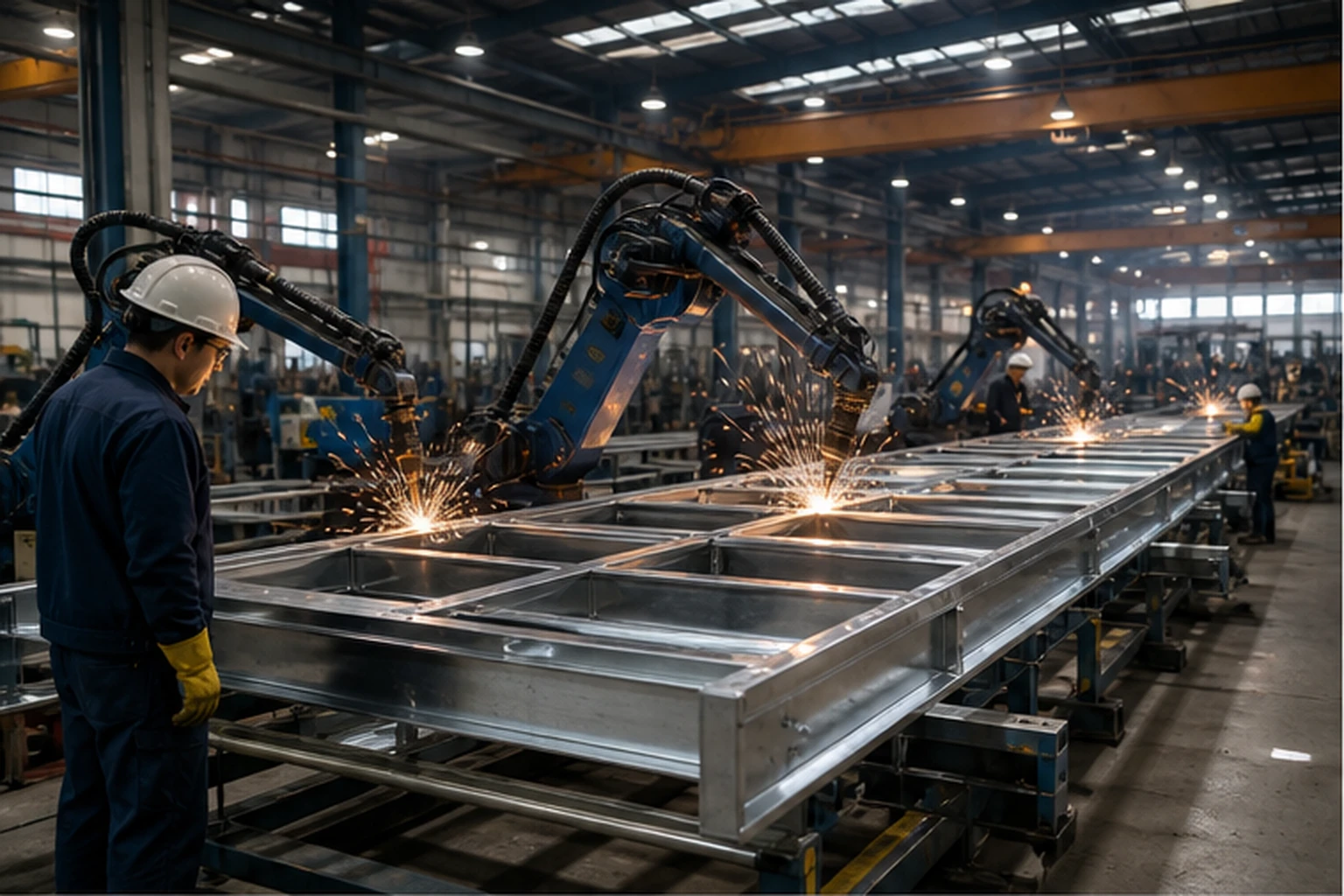 Robotic welding systems fabricate galvanized structural-steel frames inside a modern U.S. factory.