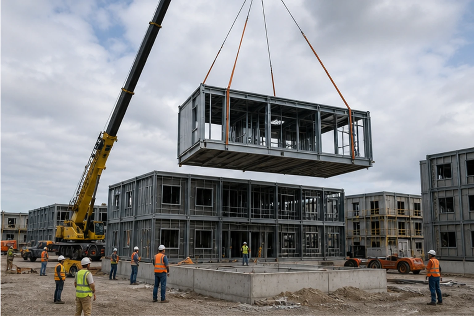 A crane installs a steel-framed modular unit at a multi-building institutional campus.