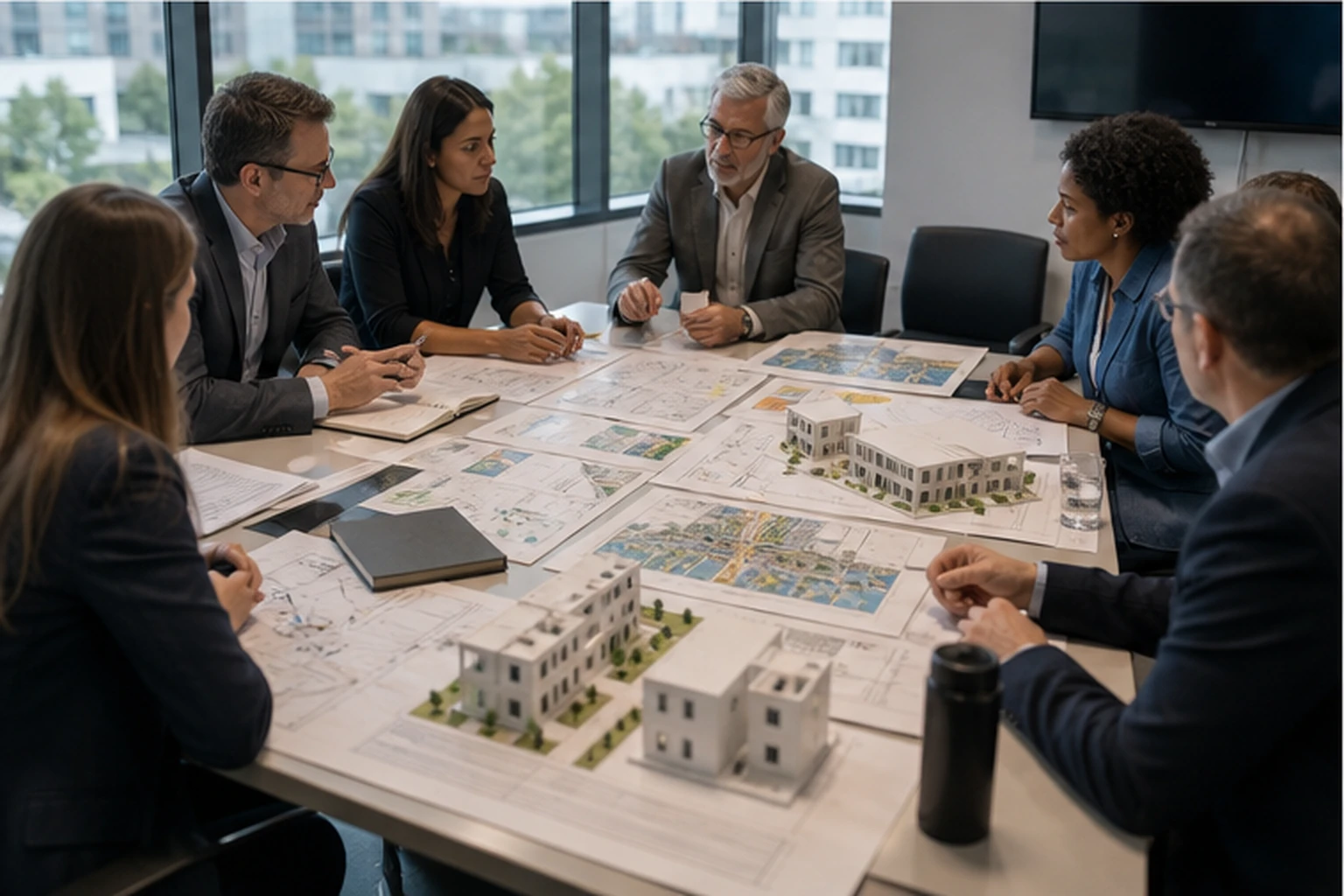 Housing-policy professionals review zoning maps, project plans, and building models around a conference table.