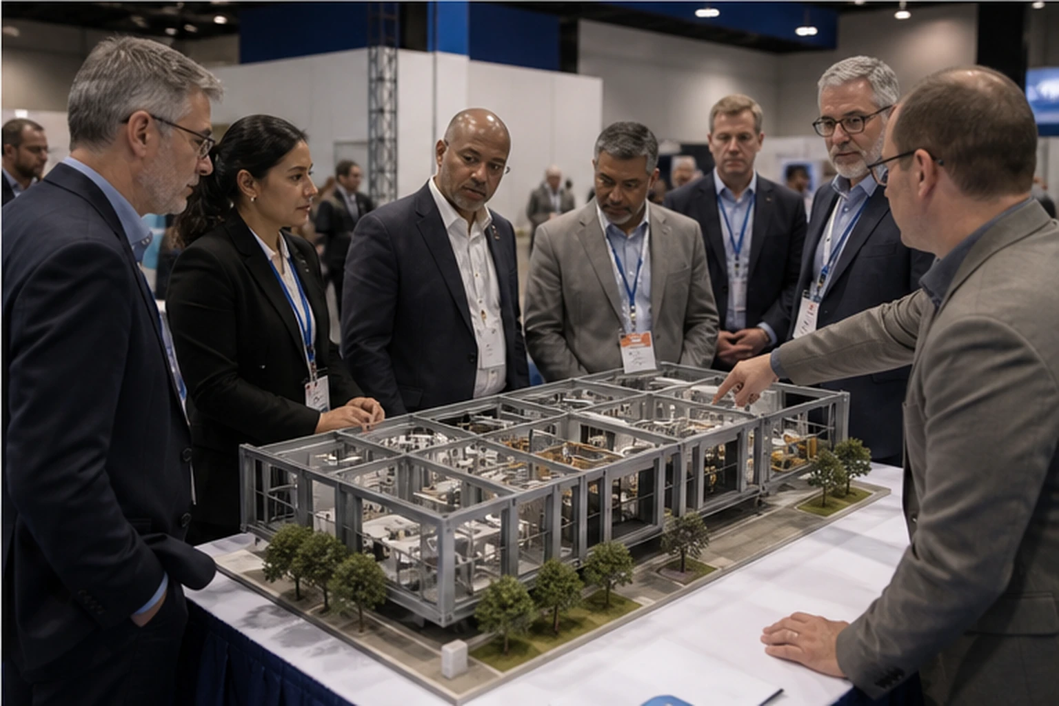 Industry professionals discuss a steel modular building model during a working summit.