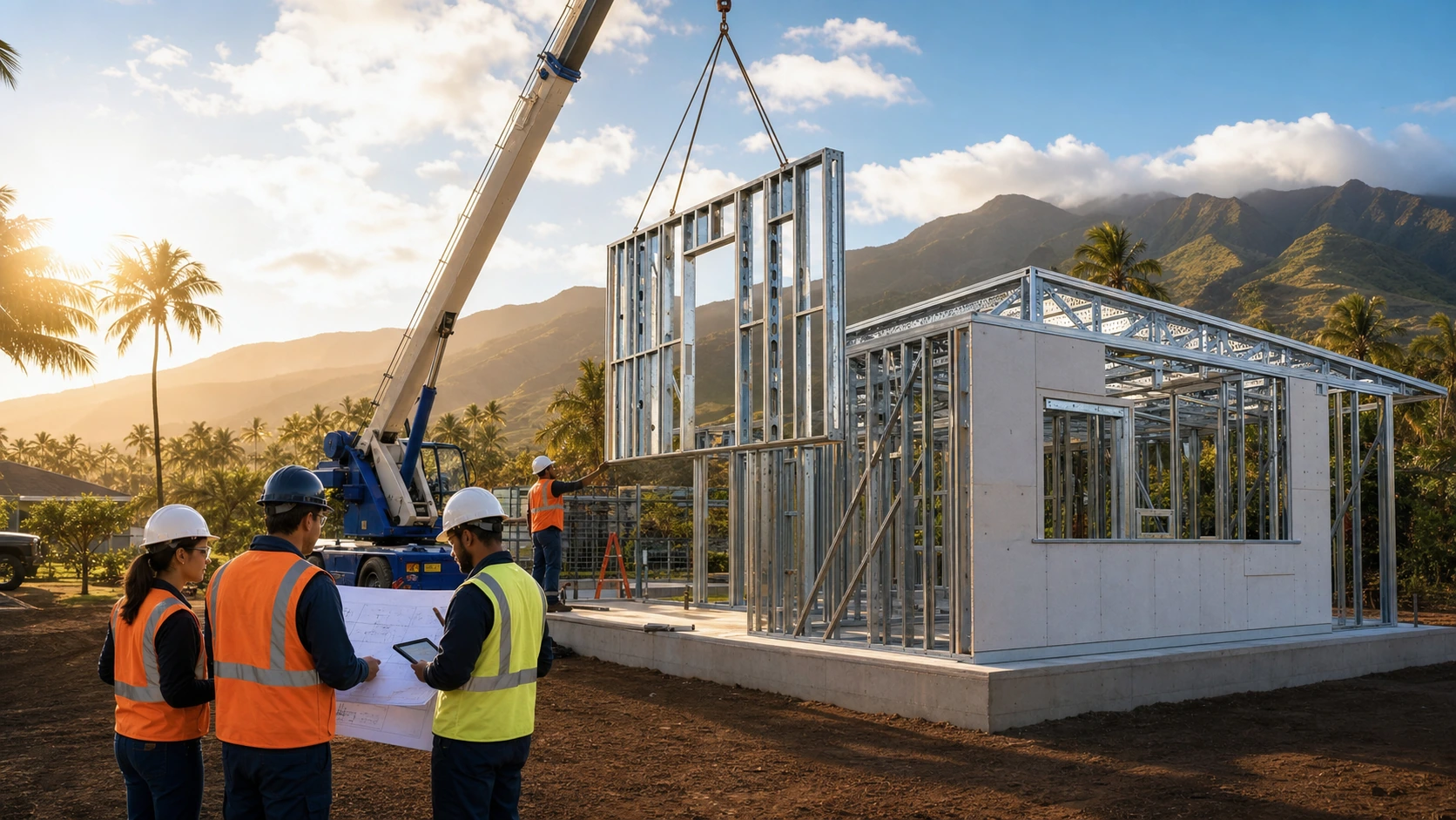Builders and inspectors assemble galvanized cold-formed steel wall panels for a permanent home on a Maui construction site.