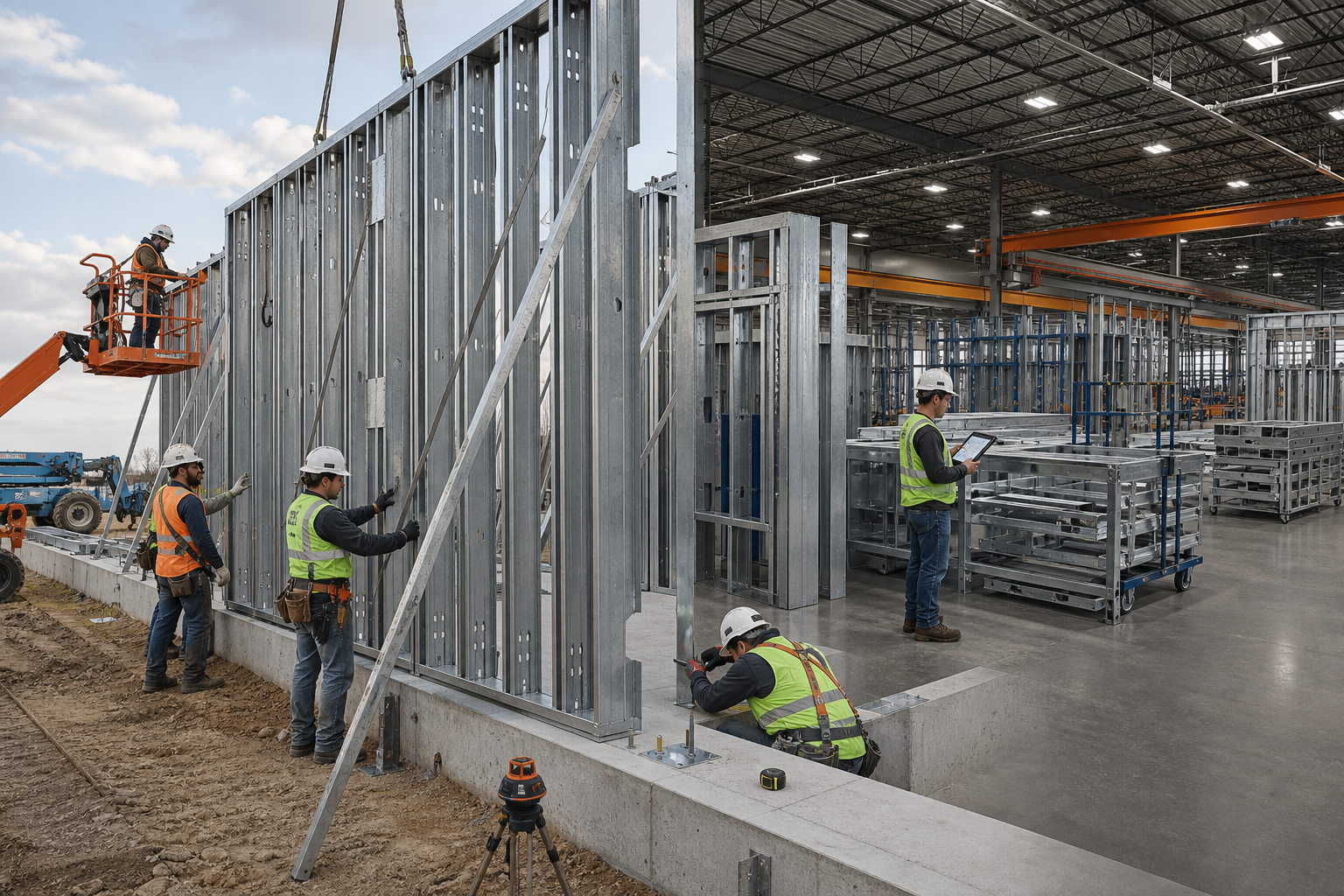 A crew installs and inspects galvanized cold-formed steel wall framing at a prepared foundation while a factory quality-control station stages matching steel assemblies.