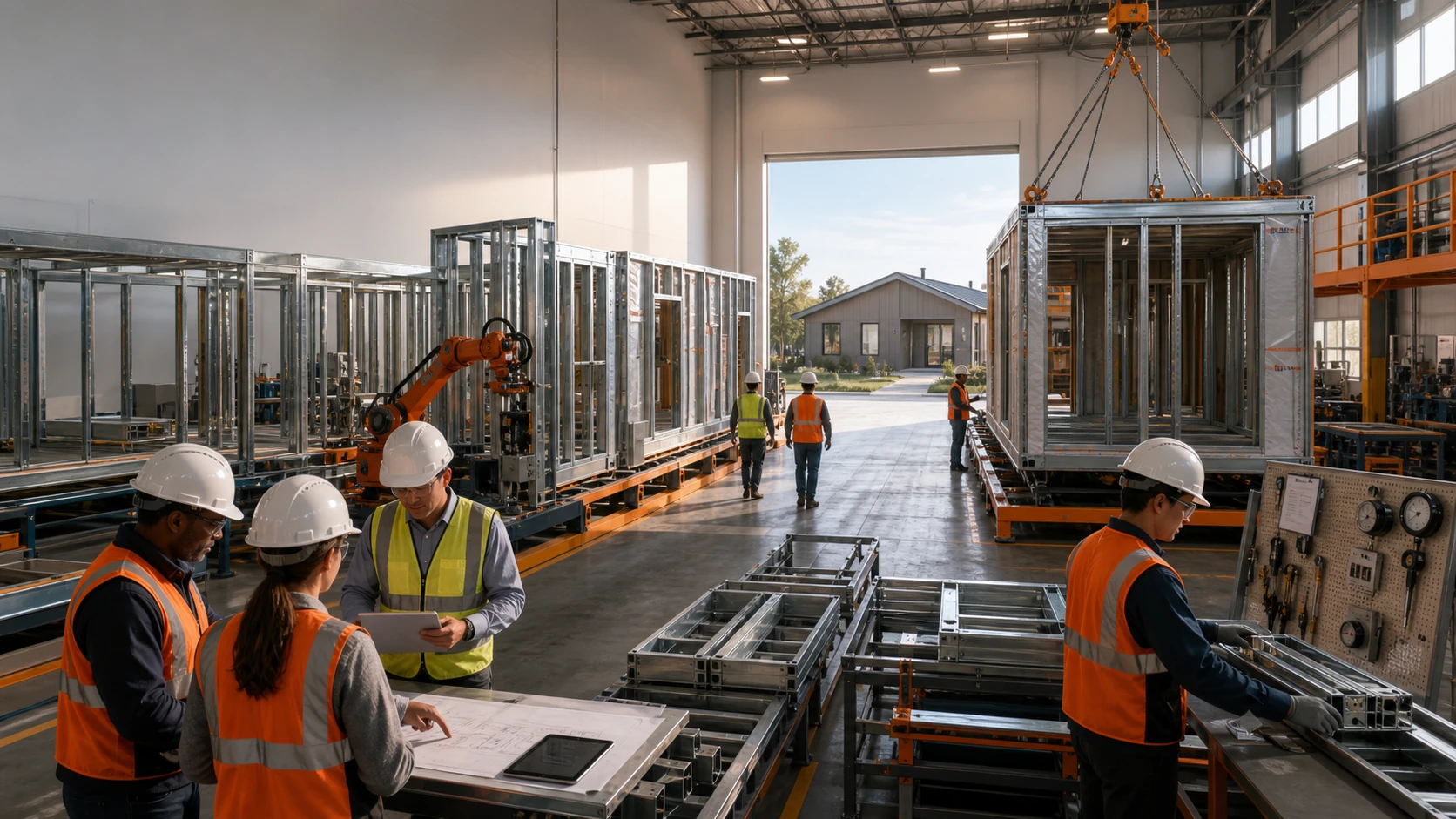 A modern U.S. offsite factory assembles galvanized cold-formed steel wall frames and steel housing modules with robotic equipment and inspection stations.