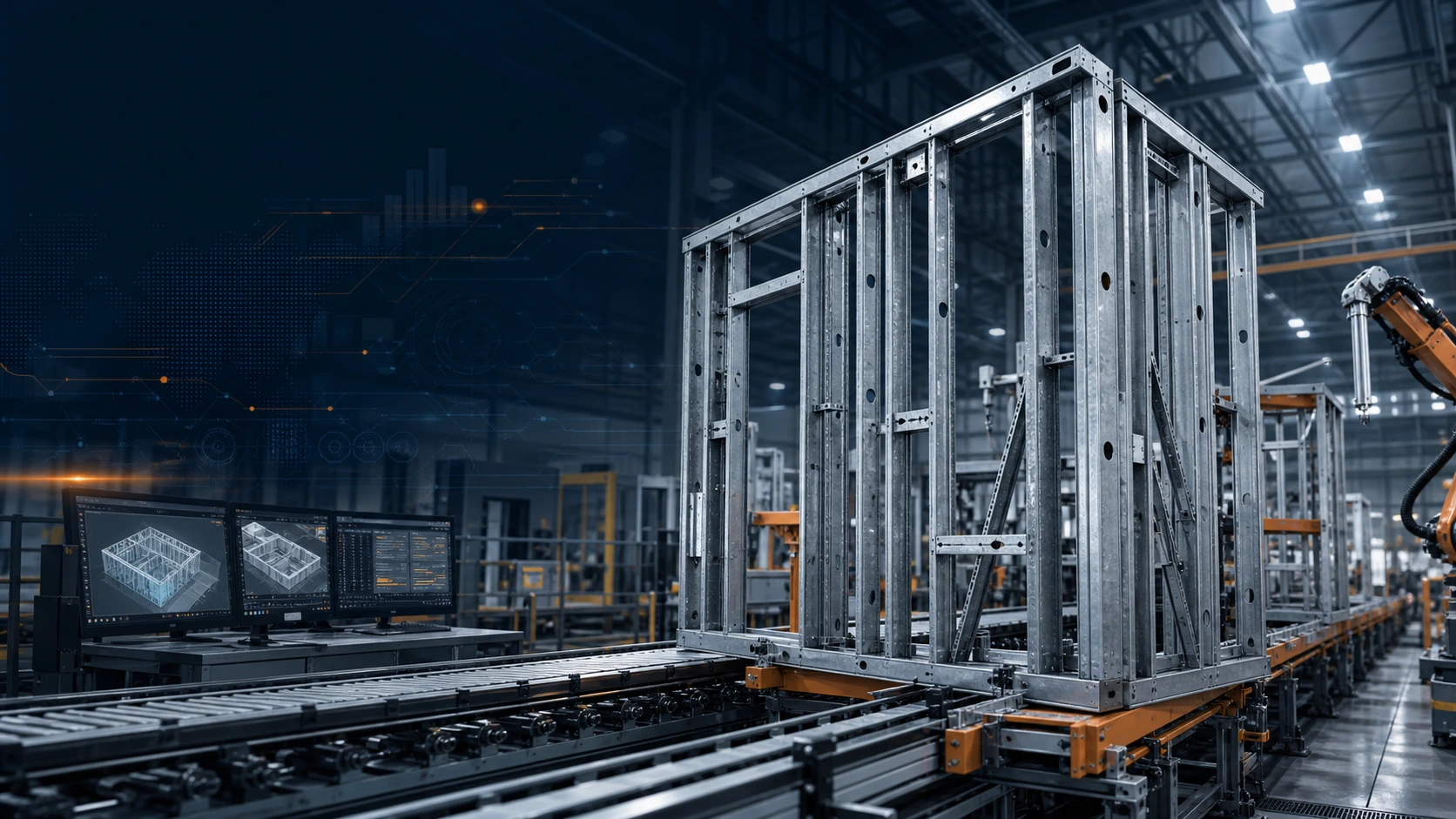 Conceptual cold-formed steel wall module moving through a robotic offsite housing factory
