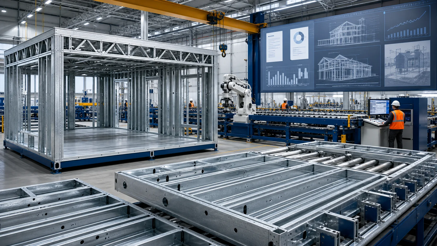 Conceptual galvanized cold-formed steel modules and panels moving through an automated offsite housing factory