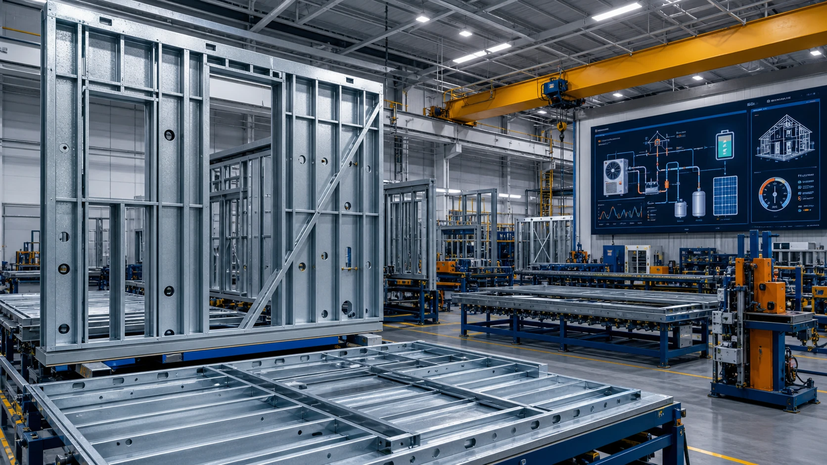 Conceptual galvanized cold-formed-steel panels and floor cassettes on an advanced off-site housing factory line
