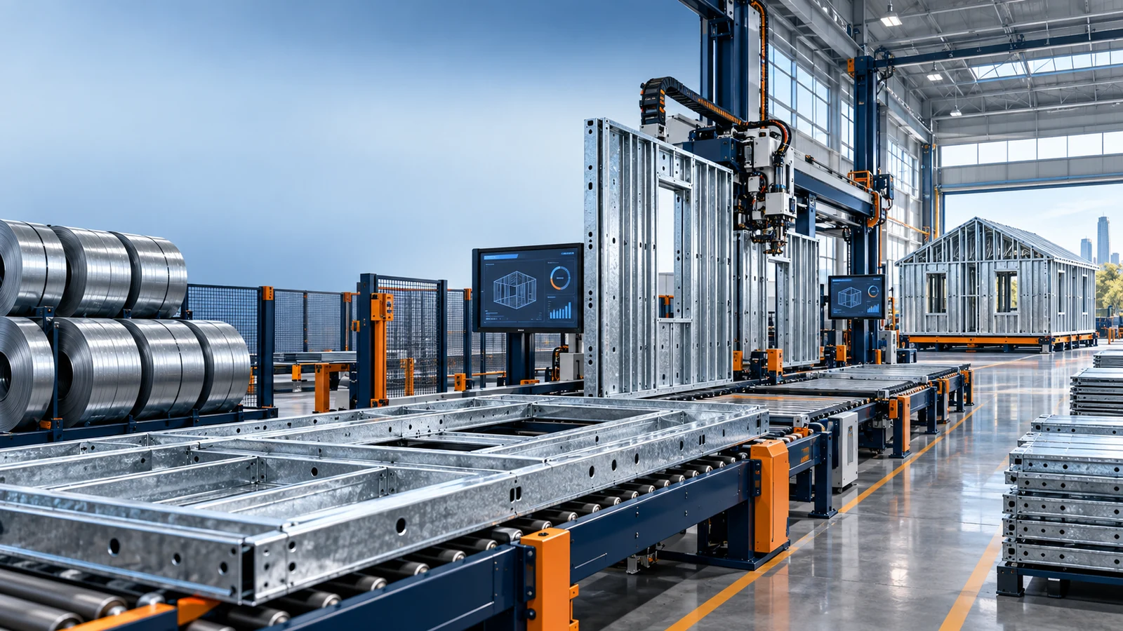 Conceptual automated factory producing galvanized cold-formed-steel wall and floor panels for off-site housing