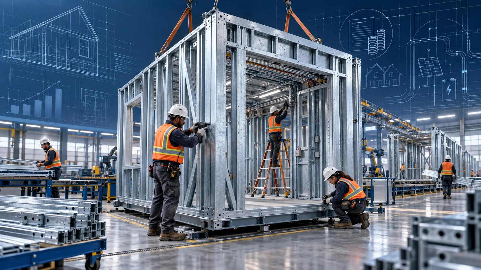 Illustration of workers assembling galvanized cold-formed steel wall panels in a modern off-site construction factory